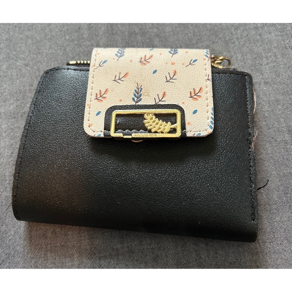 Womens Black Faux Leather Bifold Wallet Floral Snap Tassel Zipper Gold Leaf